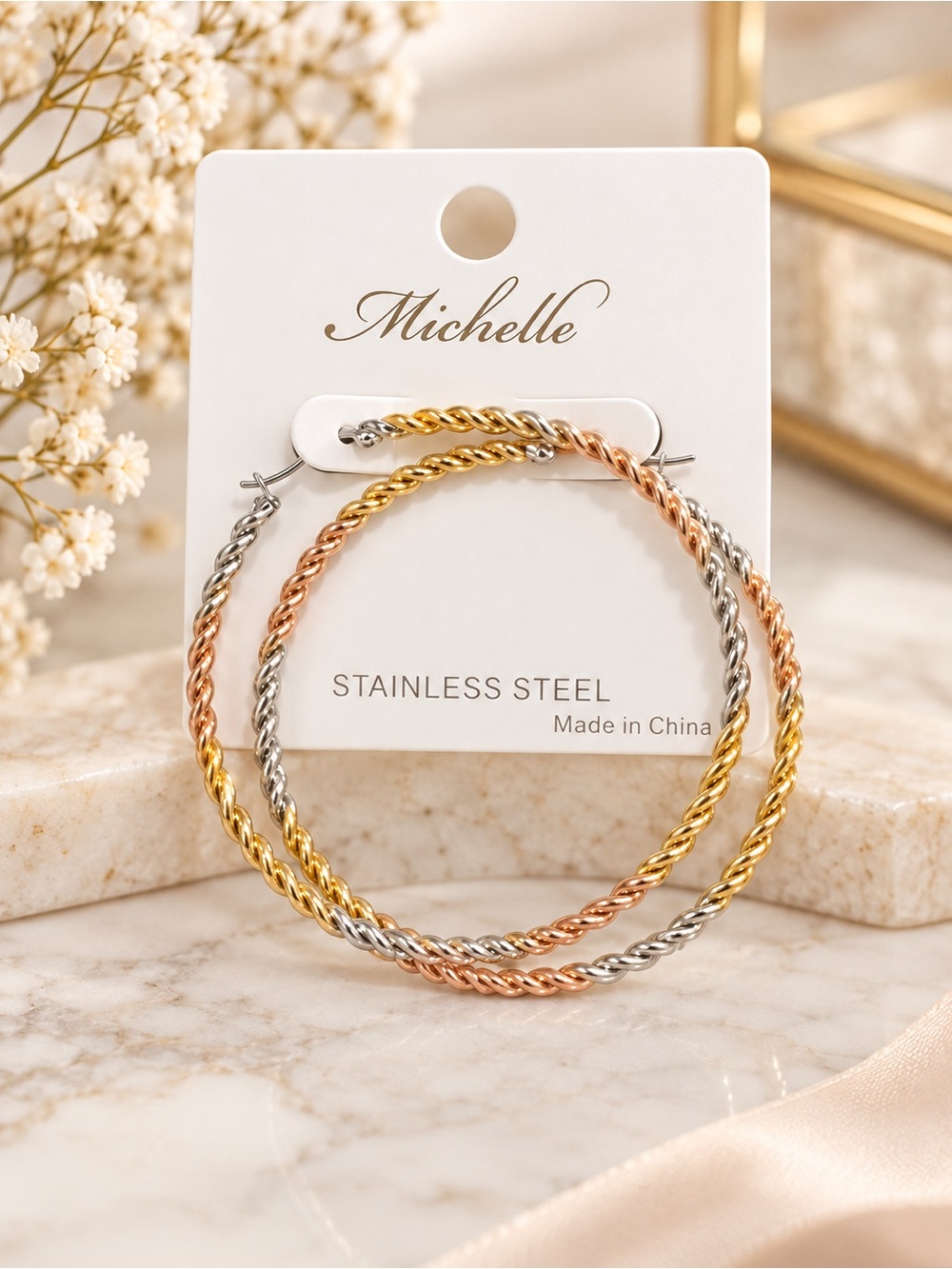 Michelle Tri-Tone Twisted Rope Hoop Earrings – Gold, Silver & Rose Gold Stainles